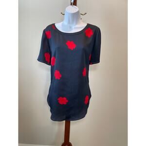 Banana Republic Size S Navy Red Floral Top Lightweight Short Sleeve Blouse